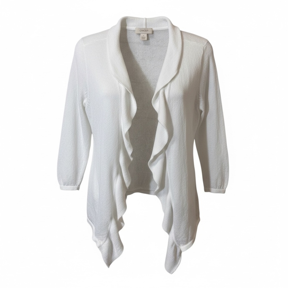 Chico’s Open Front Ruffle Cardigan 3/4 Sleeve White Knit 1 M Medium 8